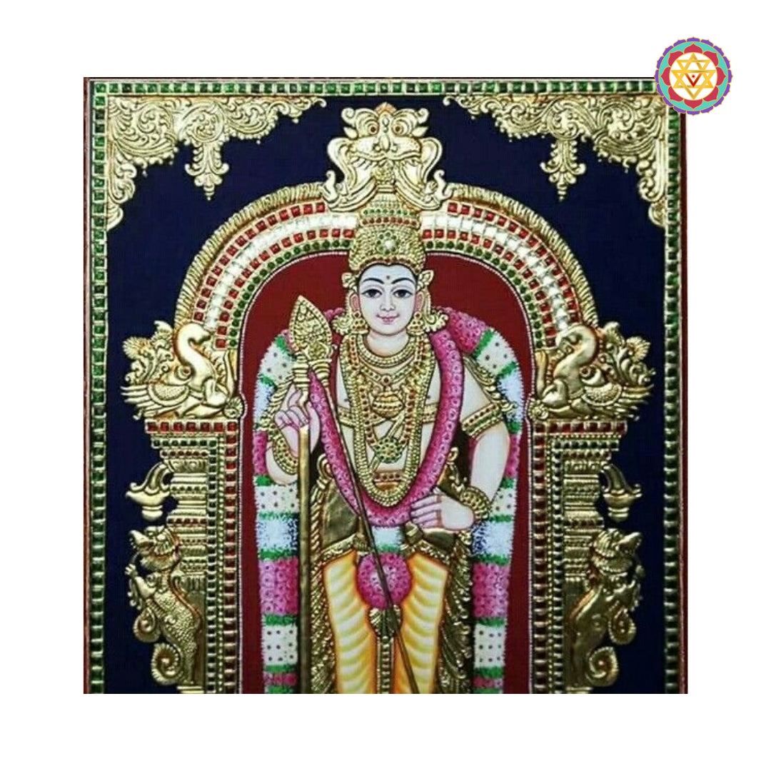 South Indian Tanjore painting of Lord Murugan with vibrant colors and gold work