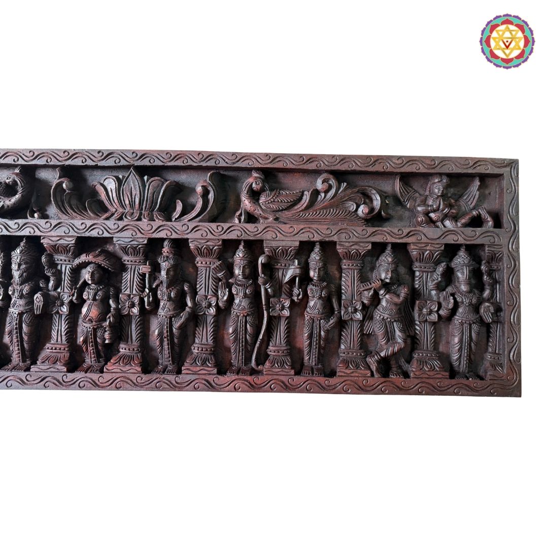 Close view of Dasavtar wooden panel showing detailed goddess and floral carving