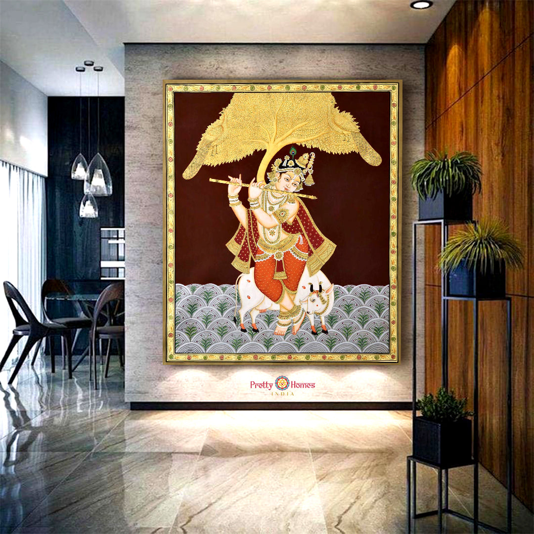 Colorful Pichwai representation of Radha Krishna showcasing divine love with ornate decorative details