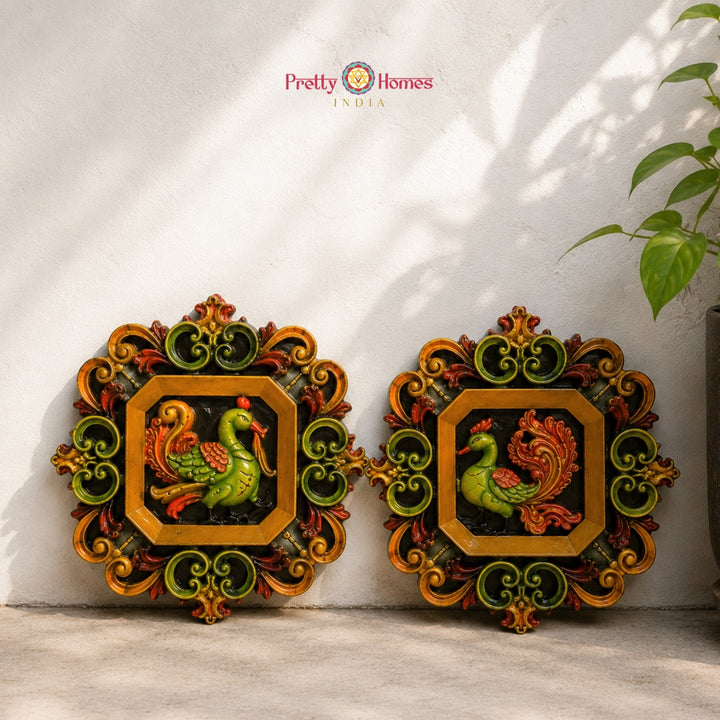 Hand Carved Set of 2 Annapakshi with Floral Carvings Wooden Wall Mounts