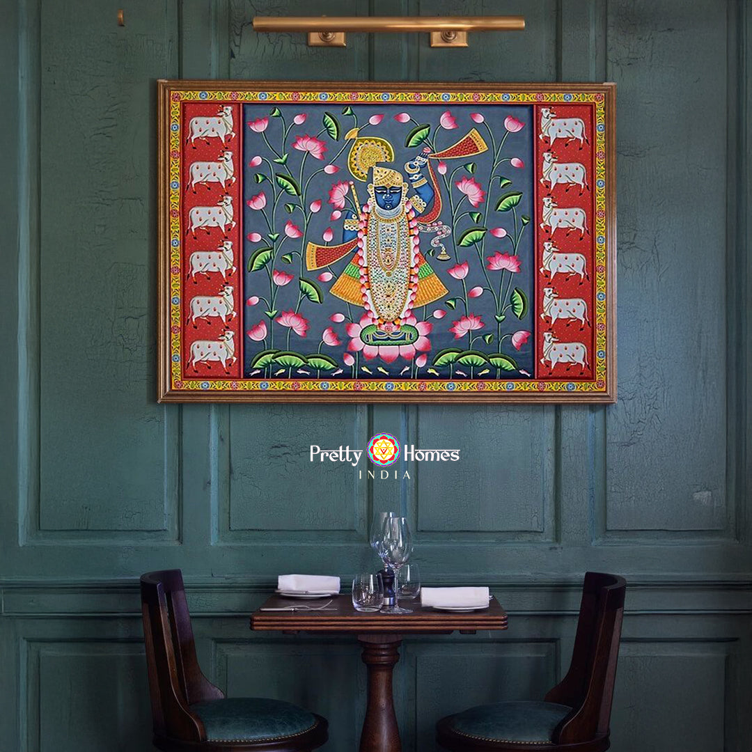 Hand-painted Pichwai of Shrinathji in Kamal Talai with cows — traditional devotional art on cloth with lotus motif