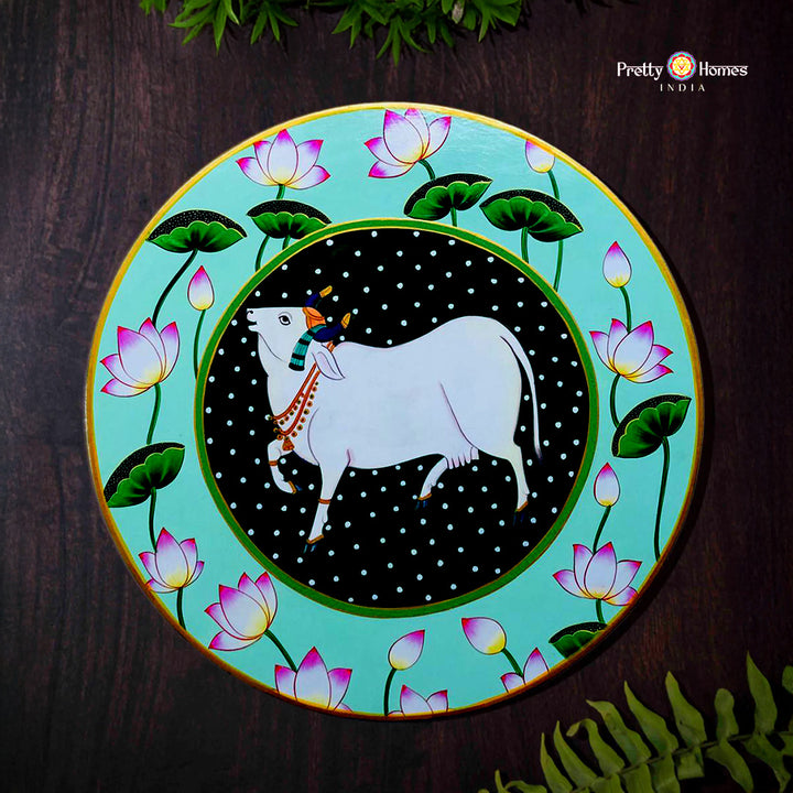 24”Round pichwai style -handpainted wall plate -cow with lotuses