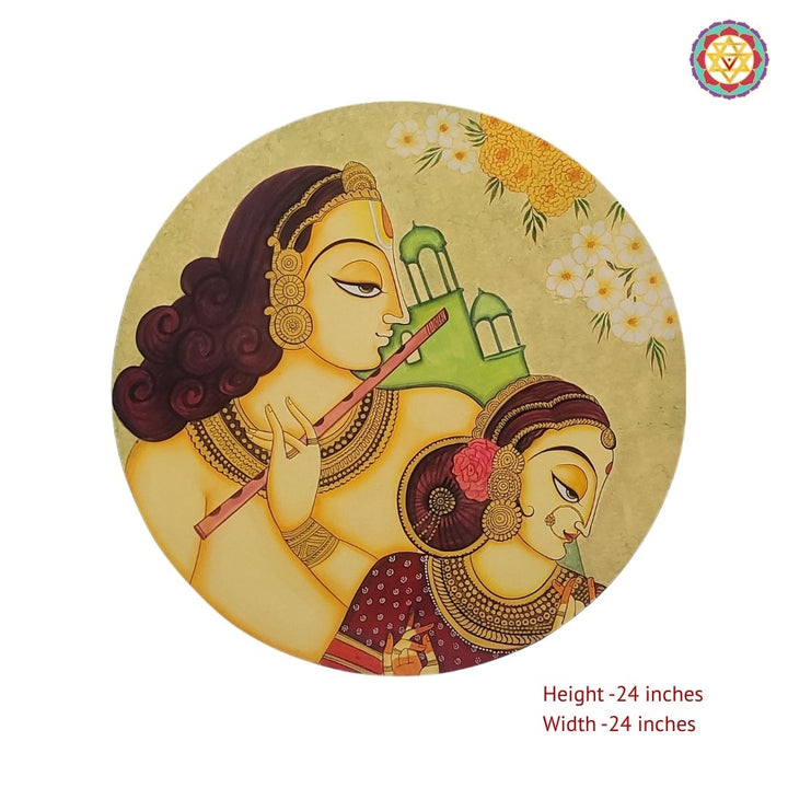 24” Round pichwai style -handpainted wall plate -aesthetic flute Krishna with Radha