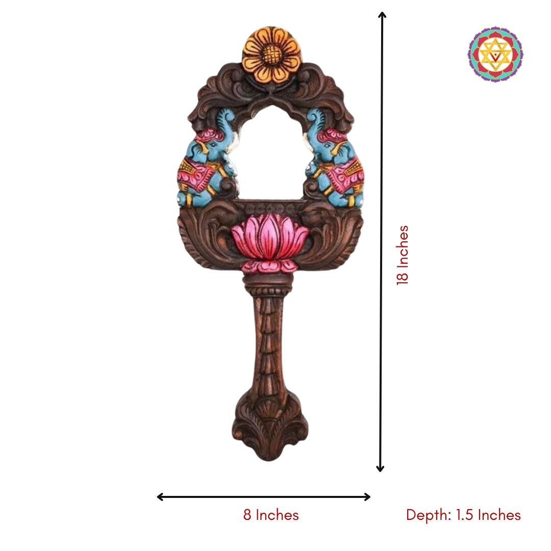 Wall-hanging elephant-themed mirror with measurements displayed