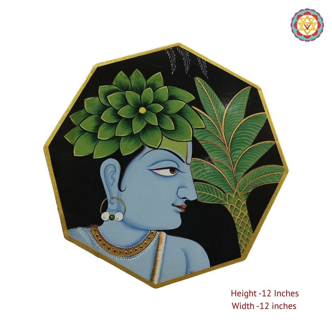 Close view of Radha Krishna hexagonal pichwai plate with lotus detailing