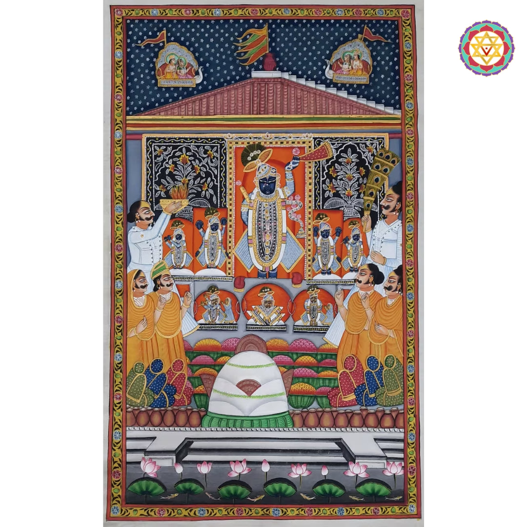 Handcrafted Pichwai wall painting of Krishna with ornate golden border design