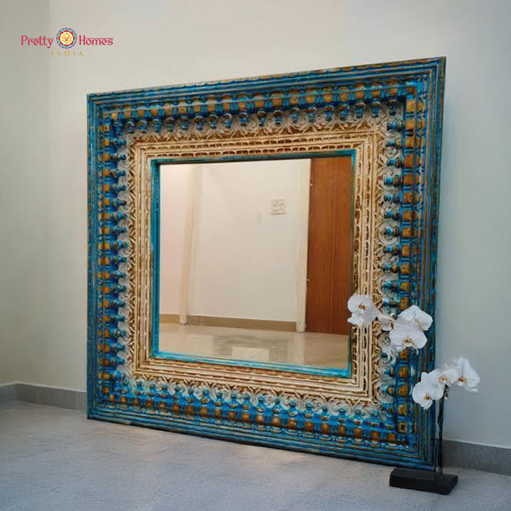 Rustic Blue Spindle Square Mirror Frame for Vintage Accent Walls & Decor Styling