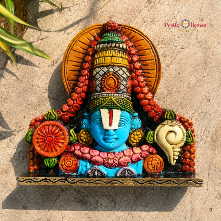 Sacred Tirupati Balaji Wooden Wall Panel – Intricate 12-Inch Hand-Carving