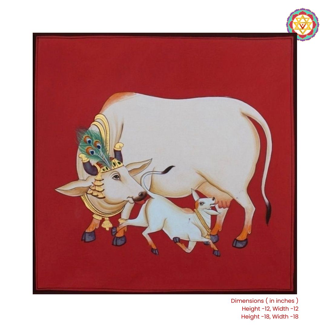 Handpainted red Pichwai cow with calf artwork angle view