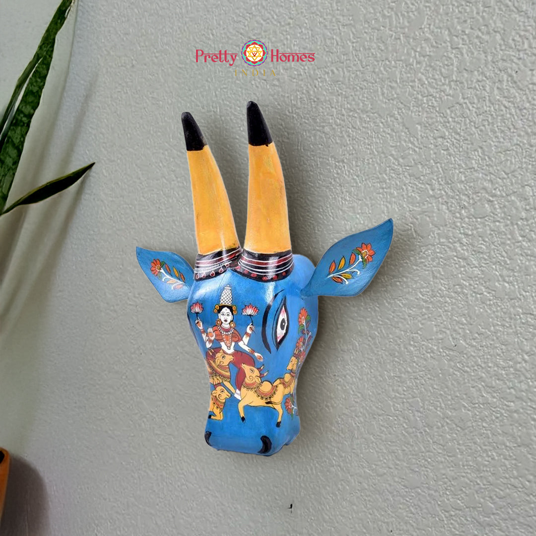 Hand-painted Nandi cow wall head featuring Goddess Laxmi motif
