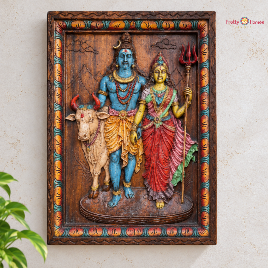 Hand-Carved Shiva, Parvati & Nandi Wall Panel