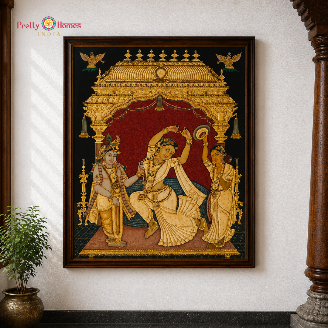 Vintage finish  Dancing Radha with Krishna & Gopikas Tanjore in Real Gold