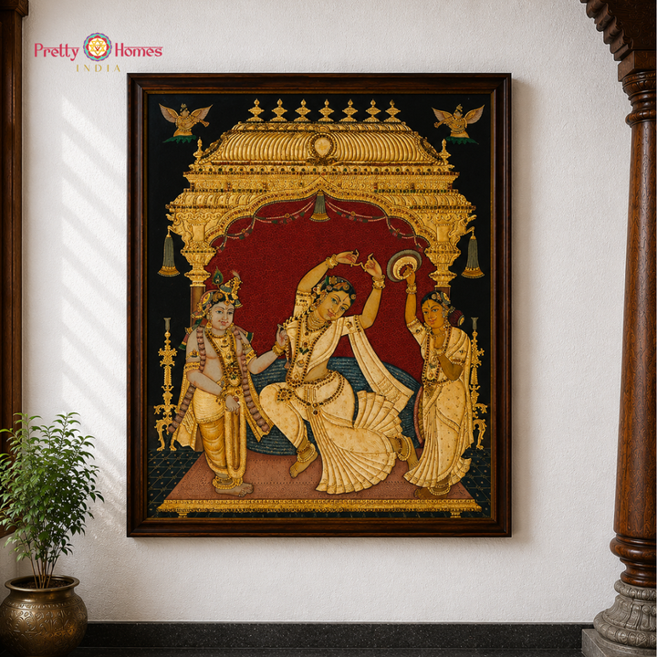 Vintage finish  Dancing Radha with Krishna & Gopikas Tanjore in Real Gold