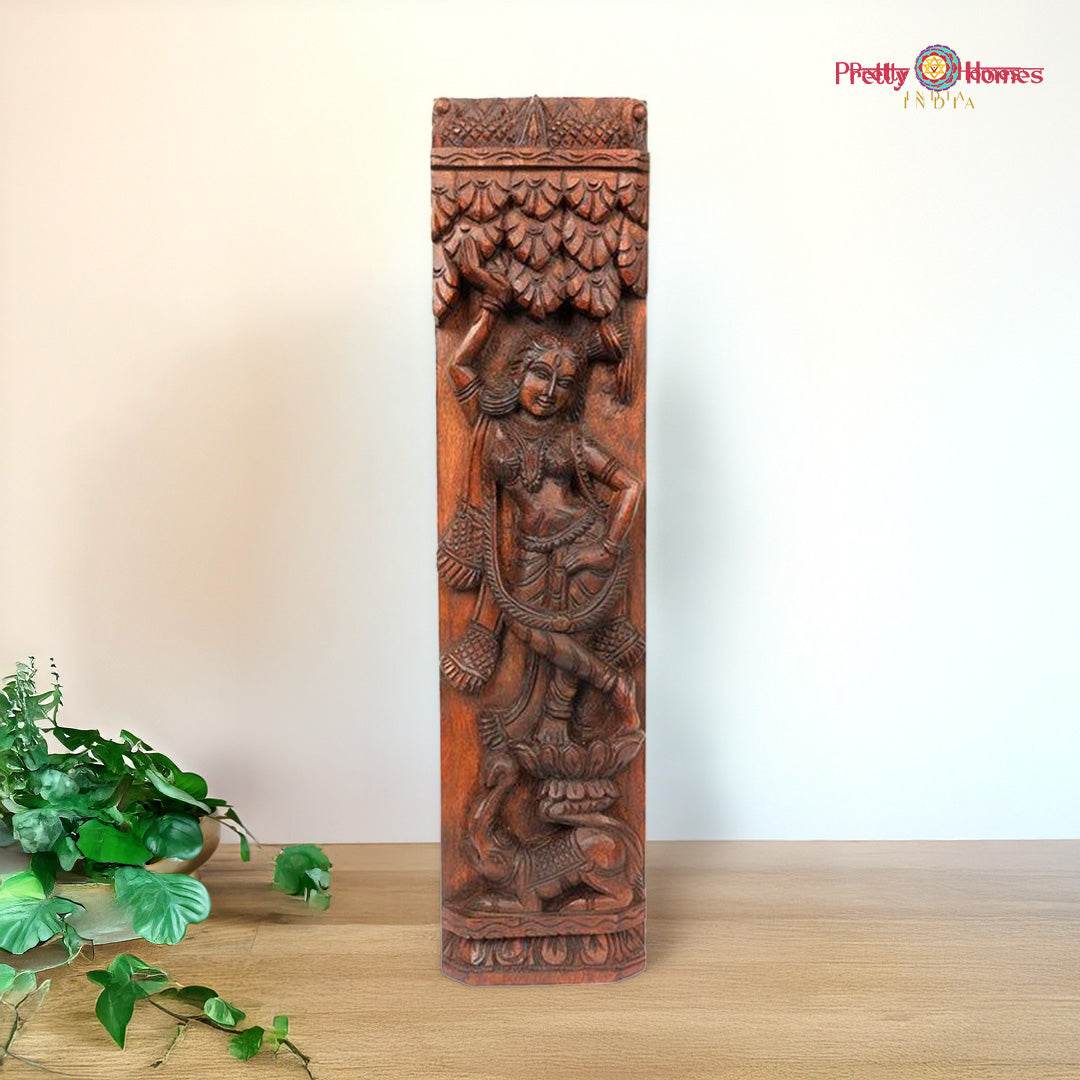 vertical woodcarved apsara panel front view depicting apsara standing in forest