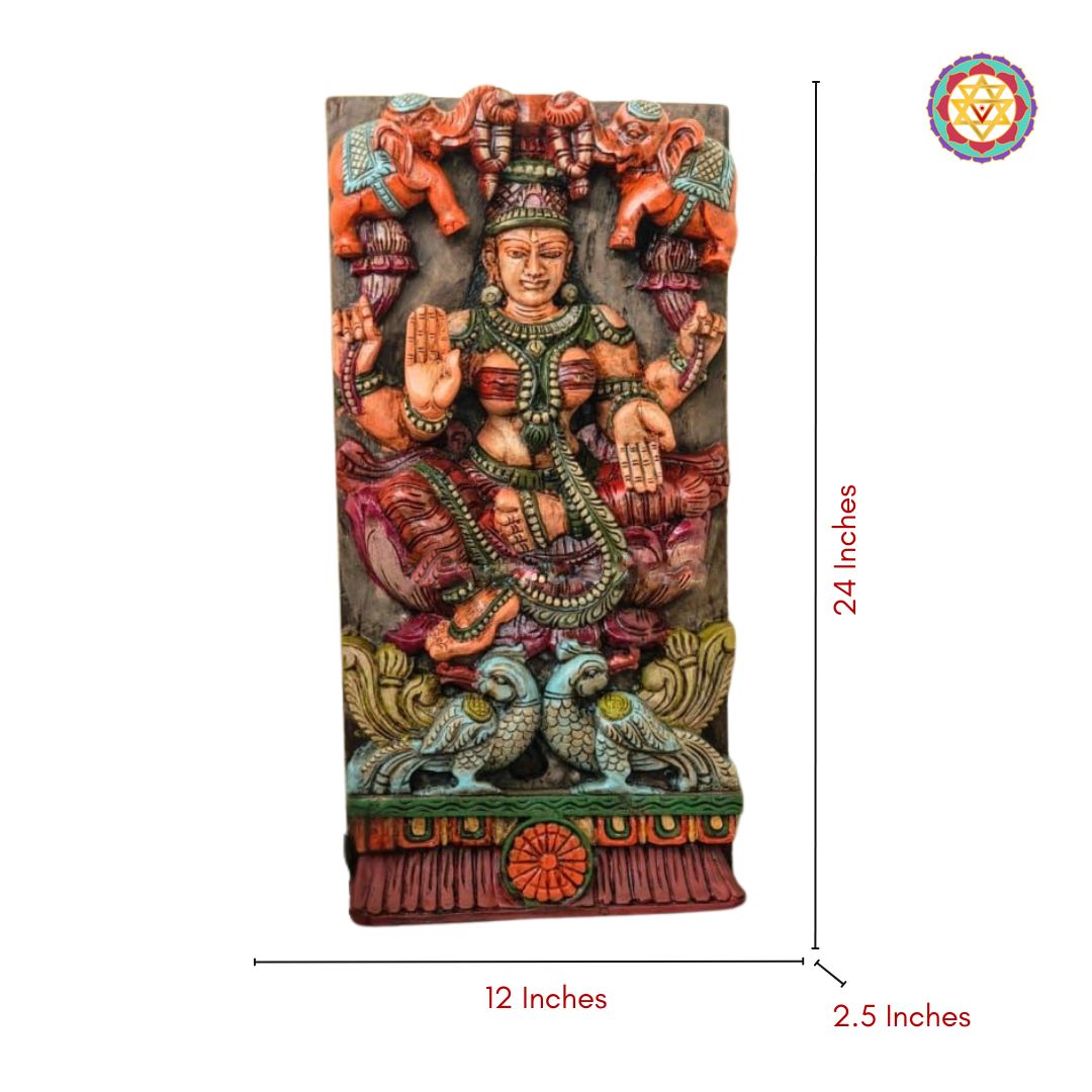Decorative wall art with a figure and measurements on a white background - Dimensions of vertical Gajalakshmi wall hanging in Vagai wood


