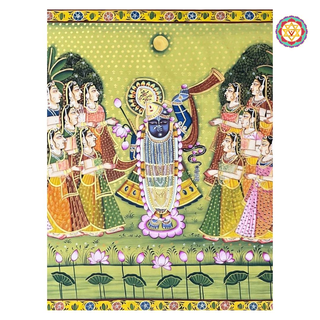close-up of horizontal sharad shrinathji pichwai showing intricate brushwork and floral ornaments