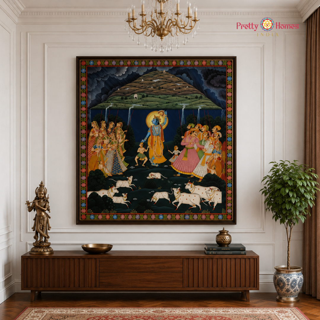 Handpainted Pichwai – Krishna Govardhan Leela