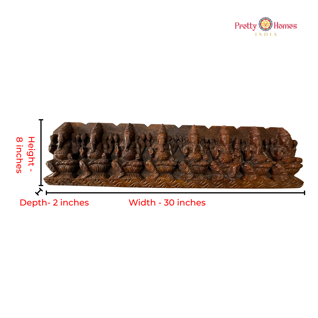 Intricately Carved Horizontal Ashta Ganesha Panel