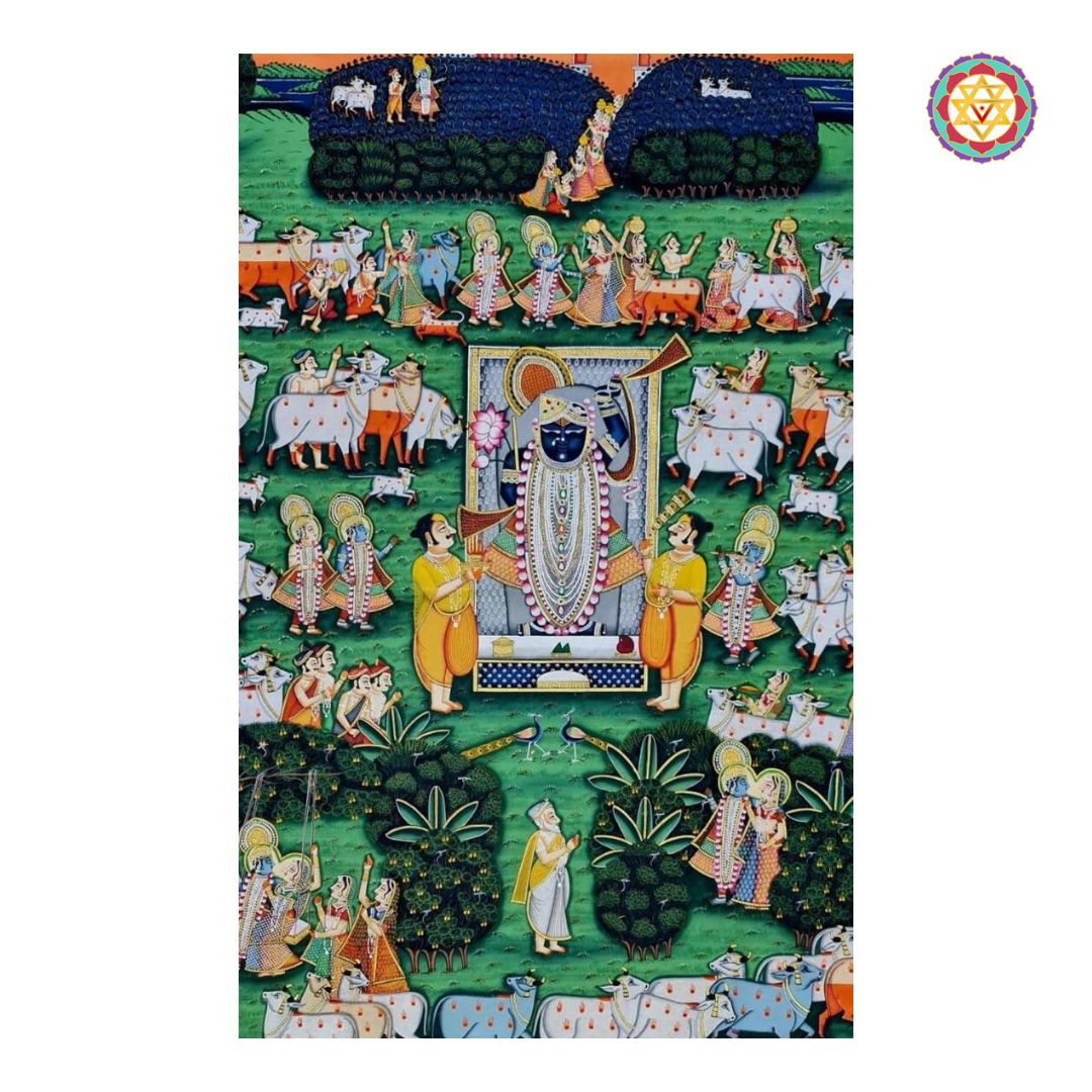 Hand-painted pichwai painting of Srinathji, sacred cows, and gods with vibrant green landscape.