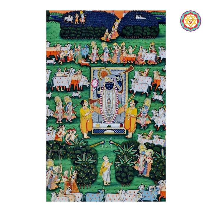 Hand-painted pichwai painting of Srinathji, sacred cows, and gods with vibrant green landscape.