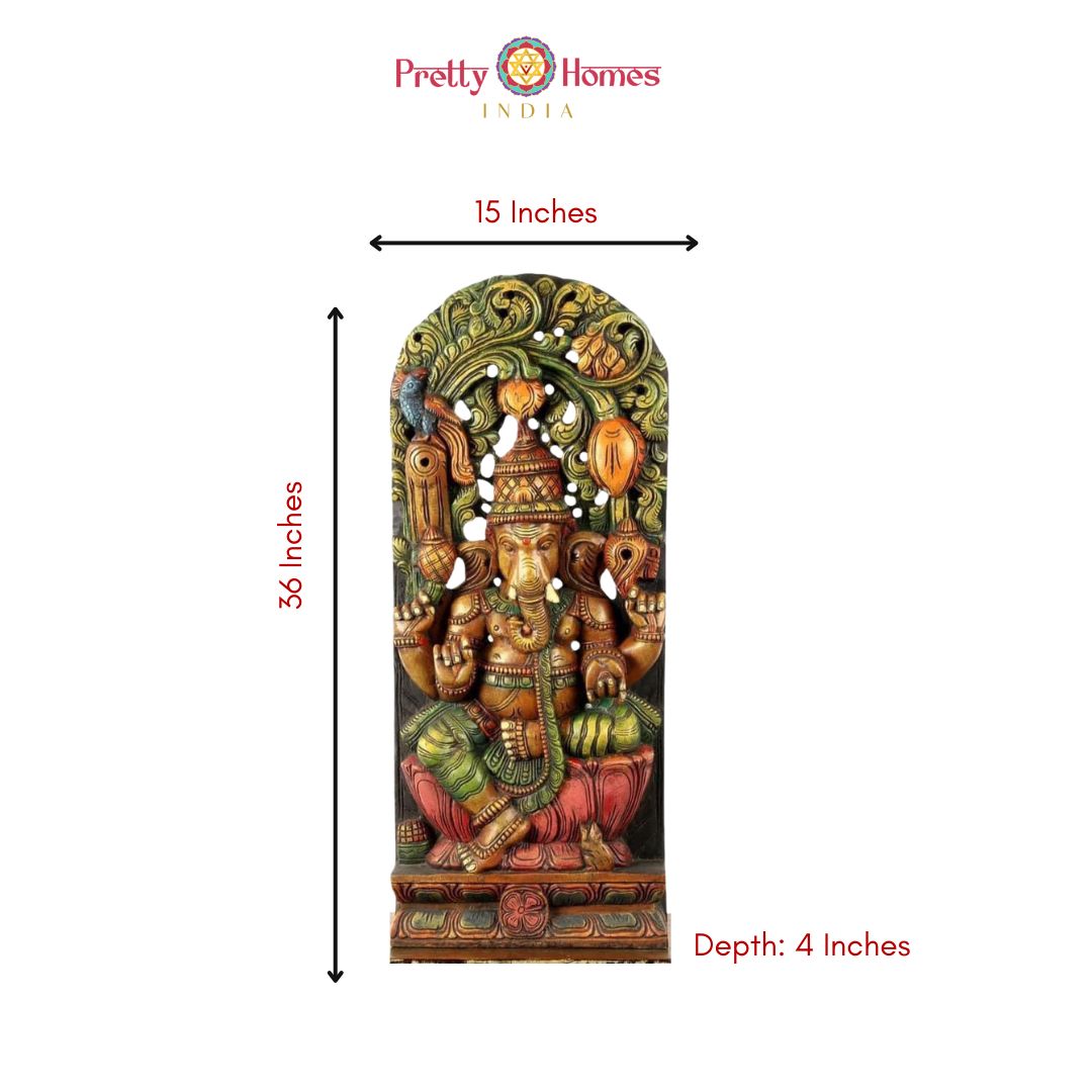 Angled rear view of Ganesha under canopy — polished teak wood with intricate back carving