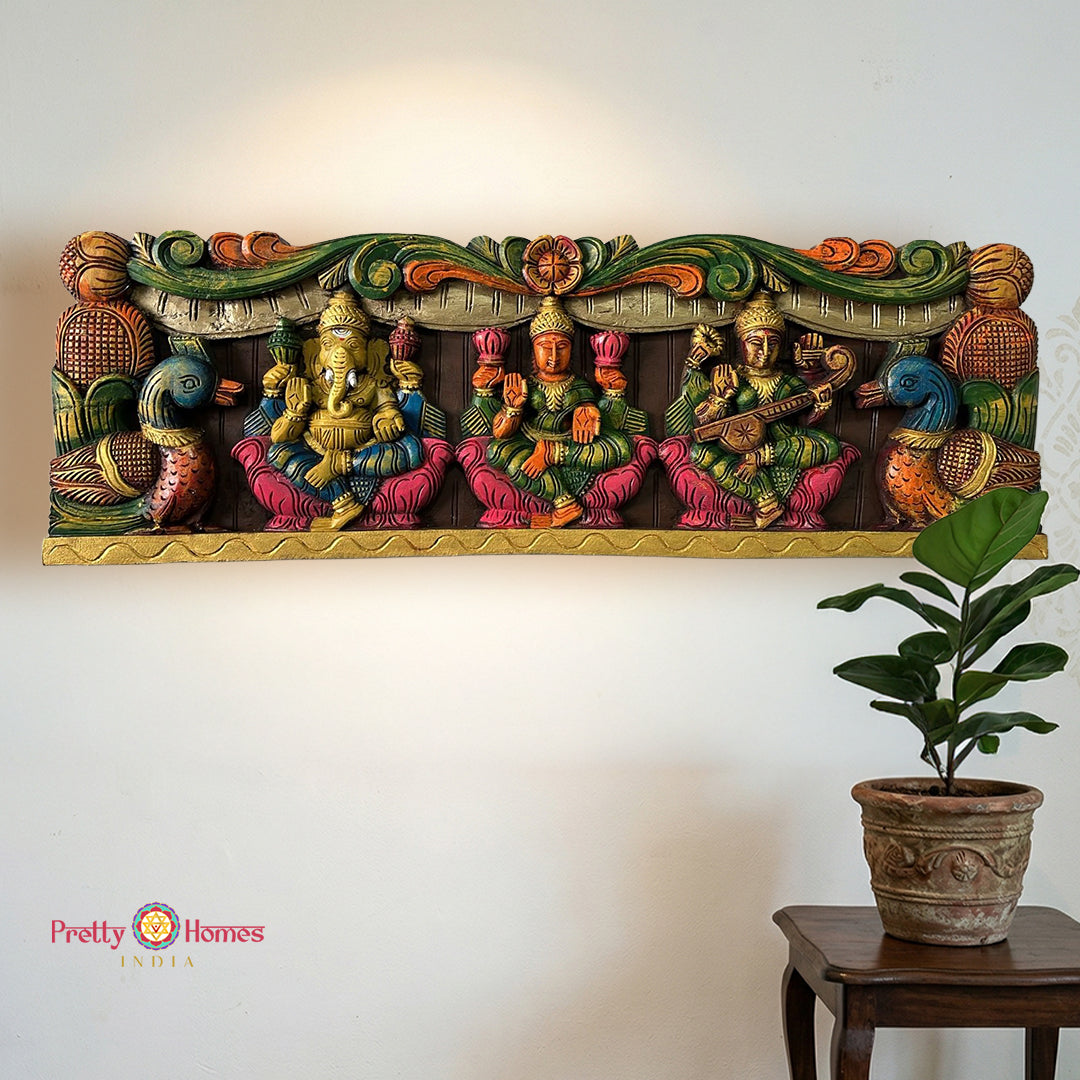 Horizontal Carved Panel – Lord Ganesha, Goddess Lakshmi & Goddess Saraswati