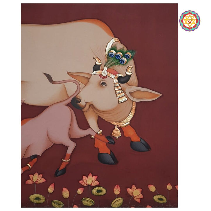 Kamdhenu Blessings – Handpainted Pichwai with Gold Border