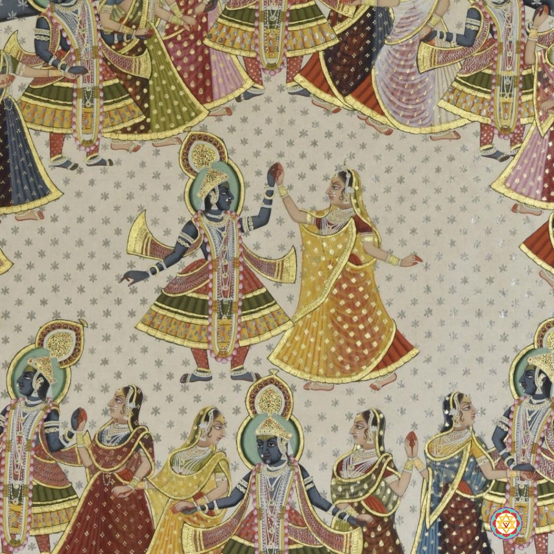 Close-up of Raas Leela Pichwai painting — intricate brushwork and divine expressions, handcrafted devotional artwork