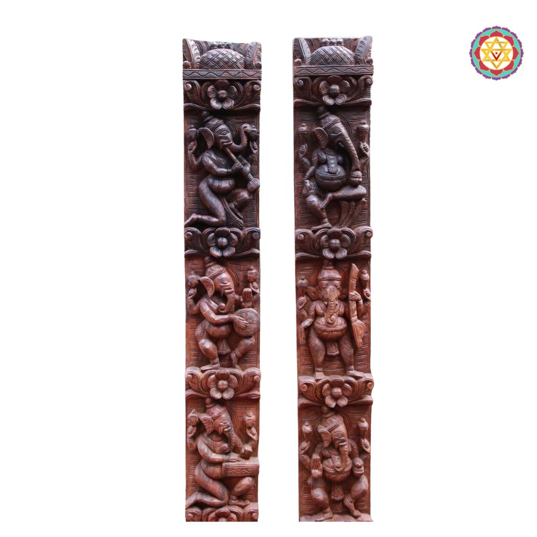 Two wooden panels with intricate carvings on a white background. Dark polish variant of musical Ganesha panels.