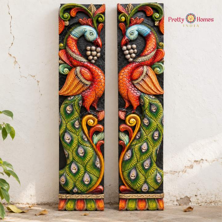 Hand-Carved Peacock Design Panel Pair