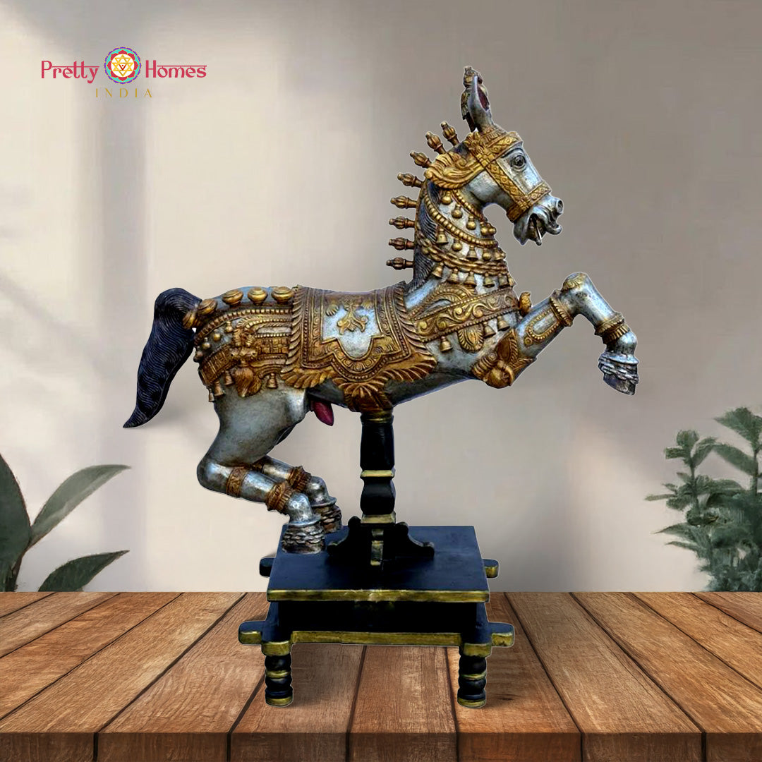 Wood-carved galloping horse in superfine silver finish full view