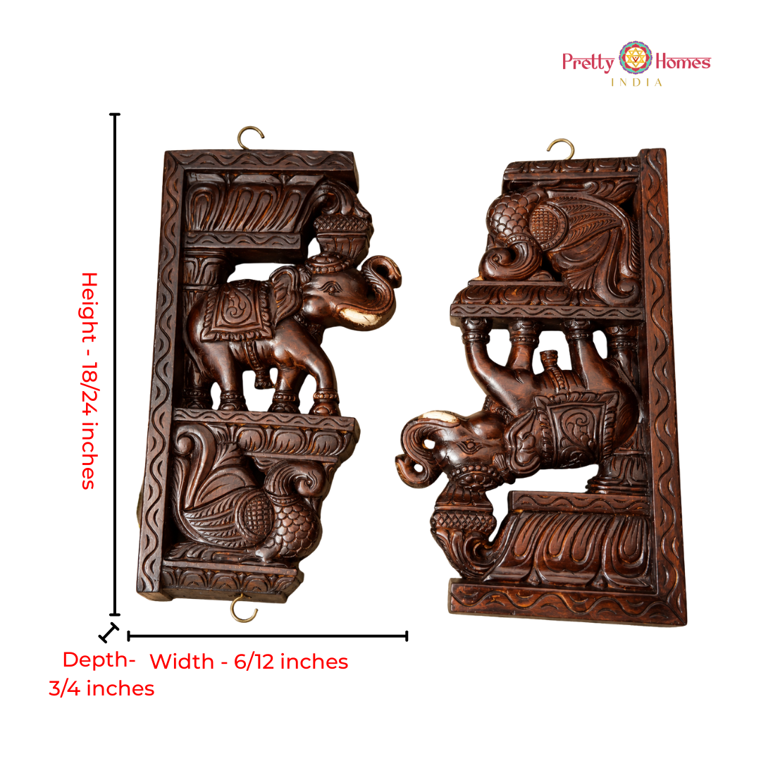 Half-Trunk Elephant with Peacock Wooden Wall Brackets (Single)