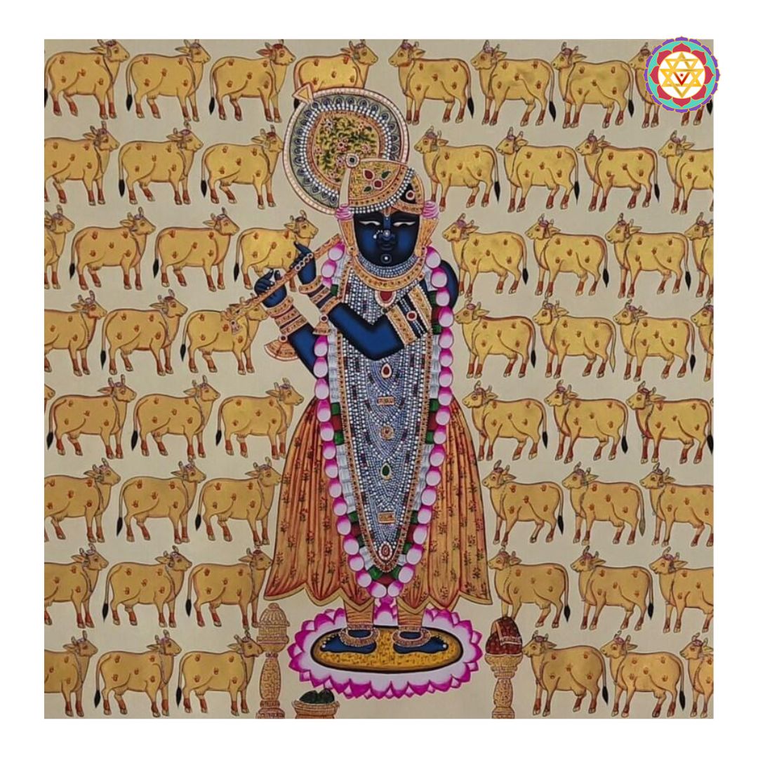 hand-painted shrinathji pichwai depicting lord krishna with sacred cows, traditional artwork with detailed brushwork