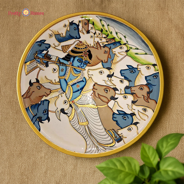 Hand painted Shepherd Krishna decorative wall plate (single)