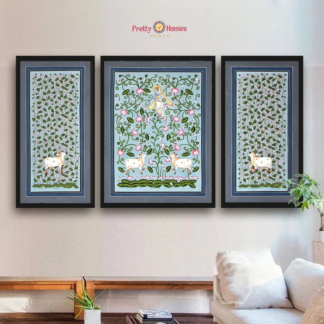 set of three blue pichwai krishna lotus pond theme full layout
