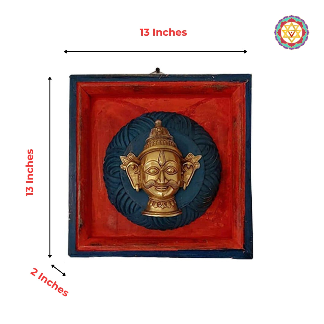 Dimensions graphic for brass deity wall plaque in red/blue square frame   .