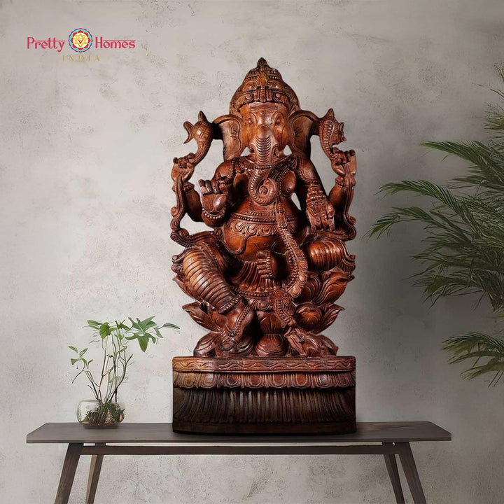 Wooden Ganesha Handcarved Sculpture (Wooden Polished)