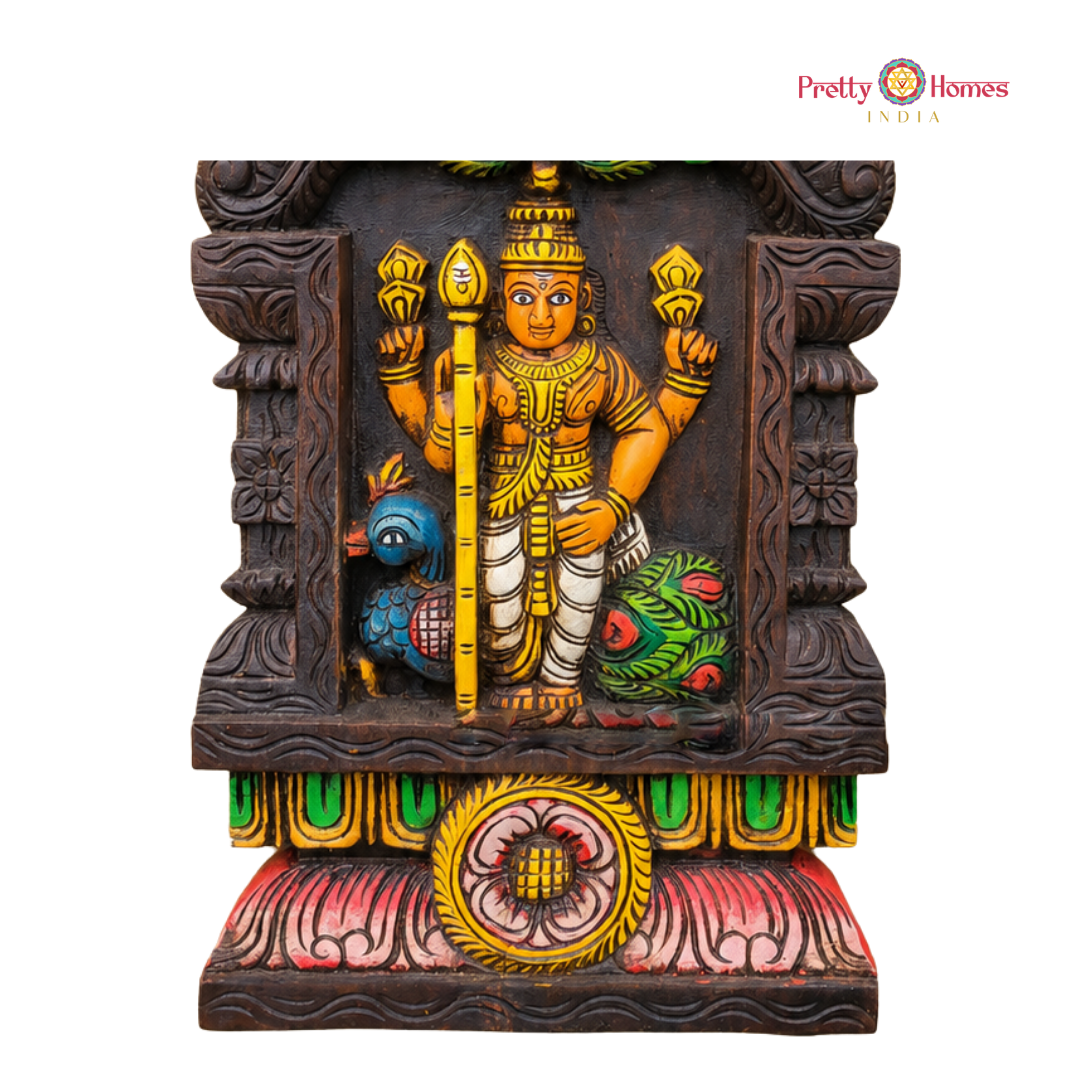 Woodcarved Kavadi-Style Lord Murugan Wall Mount