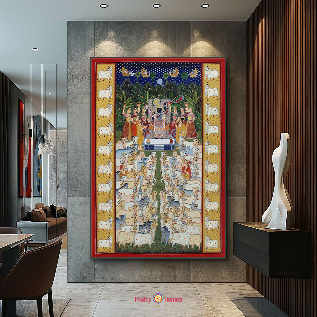 Sharad Purnima pichwai painting with Shreenathji, gopikas, and cows under a full moon. A traditional pichwai wall art for home temples.