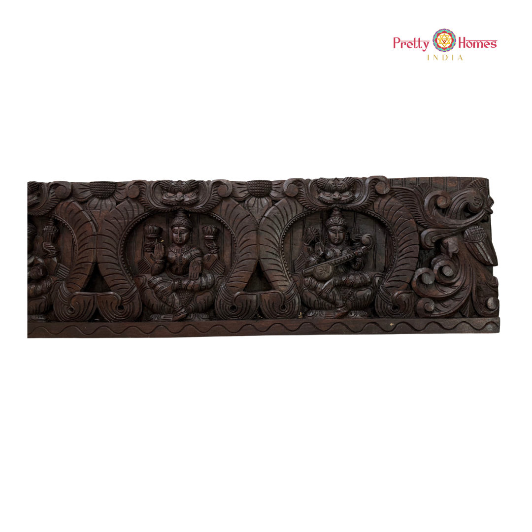 Ganesha, Lakshmi & Saraswati Handcrafted Wooden Panel with Birds