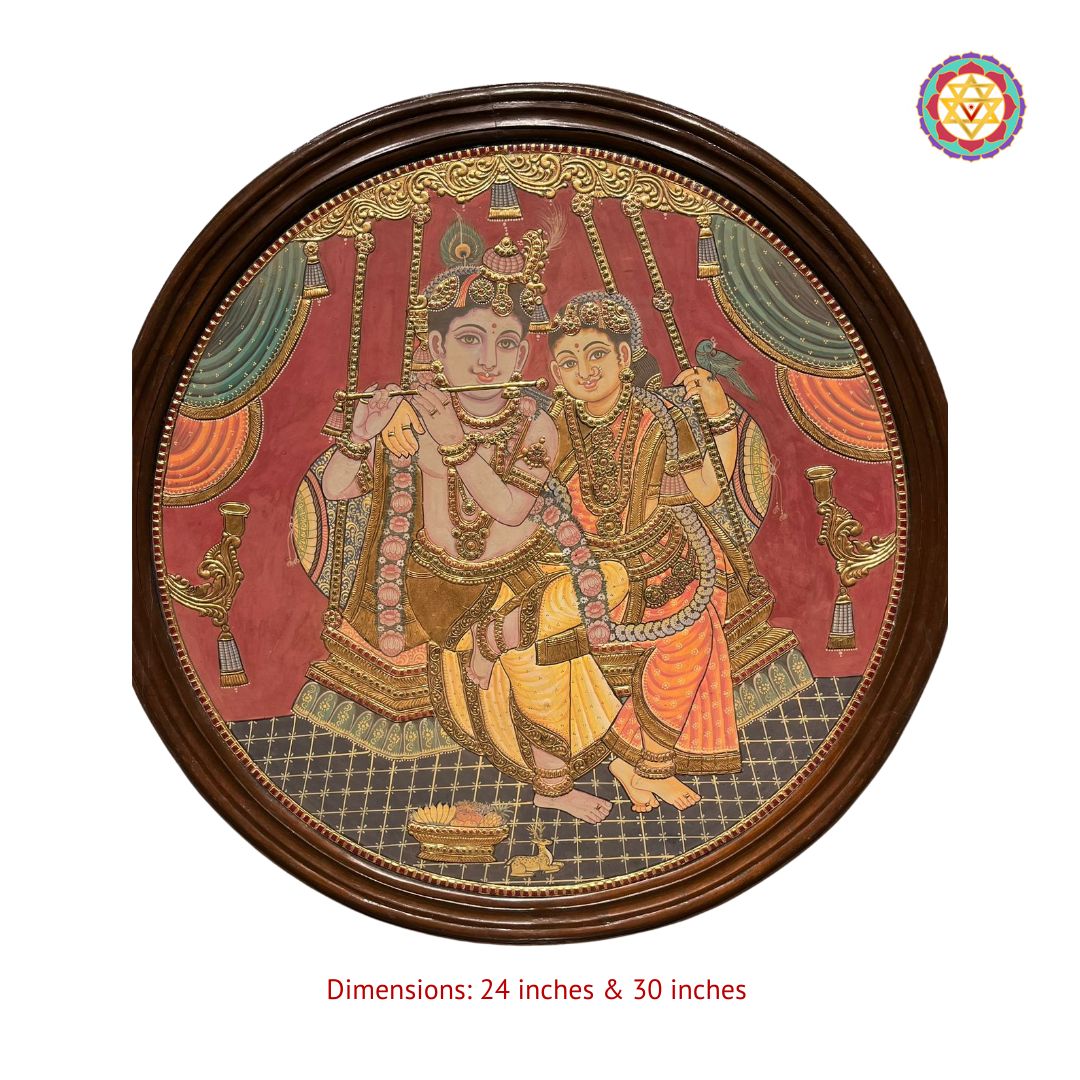 Vintage style Round Handmade Tanjore – Flute Krishna with Radha on Swing | 24K Gold & Teakwood Frame