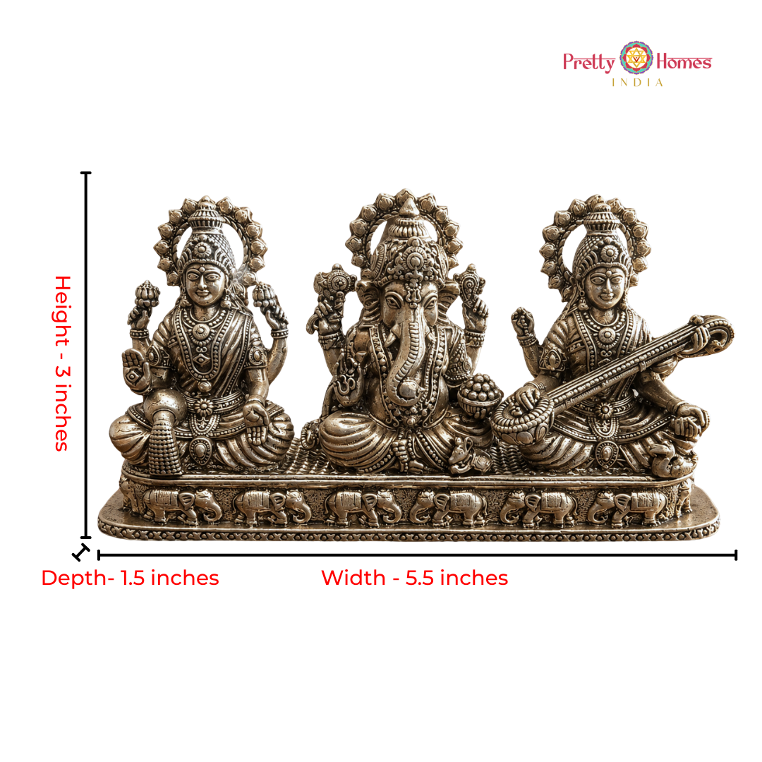 Brass Handcrafted Ganesh, Lakshmi & Saraswati with Elephants
