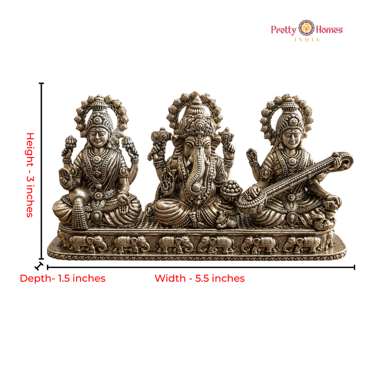Brass Handcrafted Ganesh, Lakshmi & Saraswati with Elephants