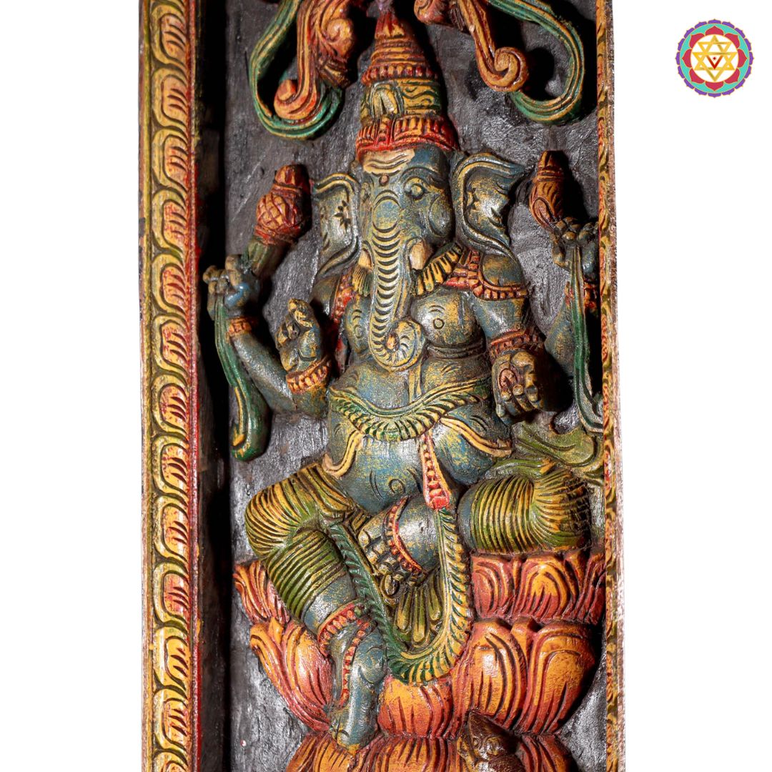 Graceful Ganesha Panel – Vertical panel Carving with Yali and Florals