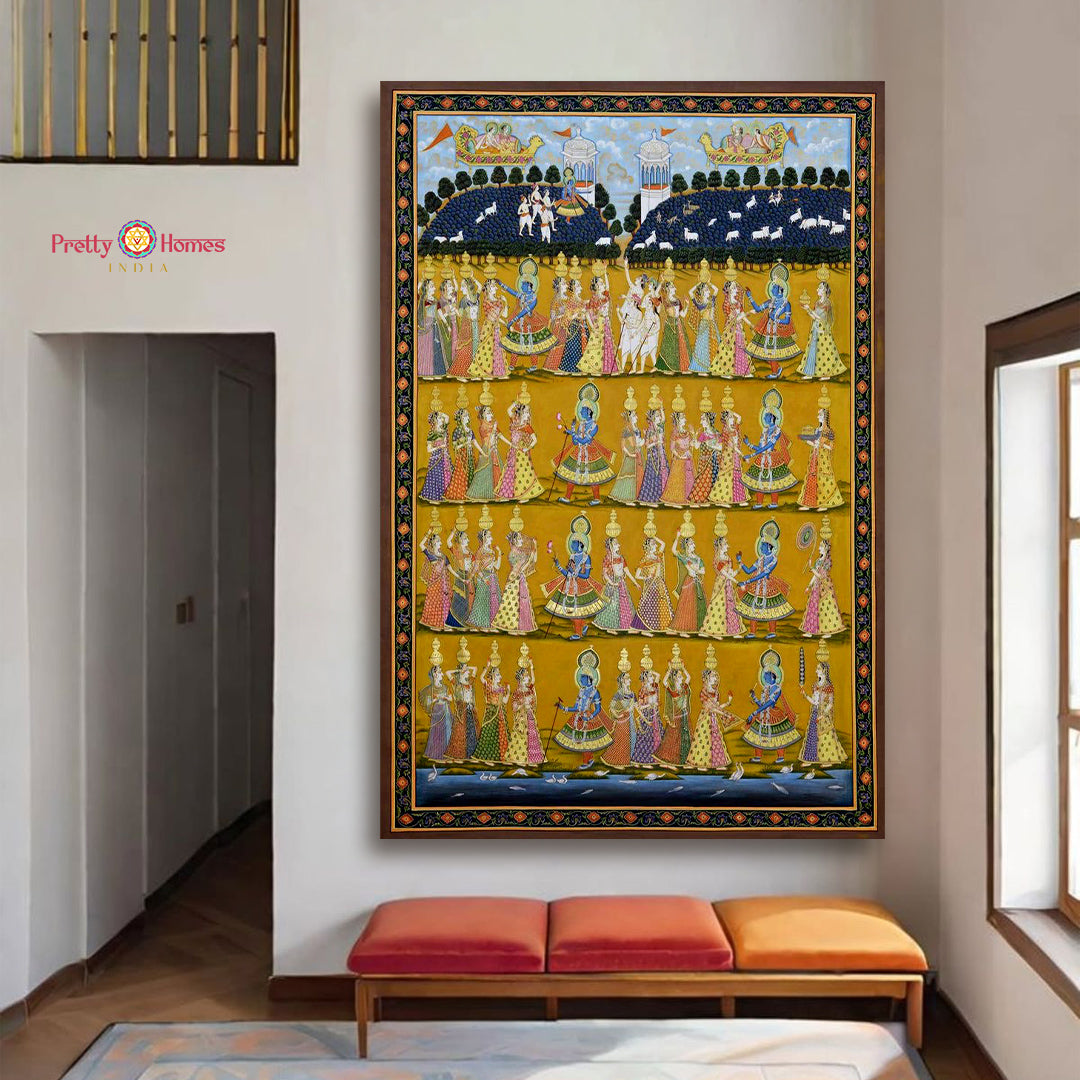 Traditional vintage style Hand-Painted Pichwai – Krishna with Gopikas
