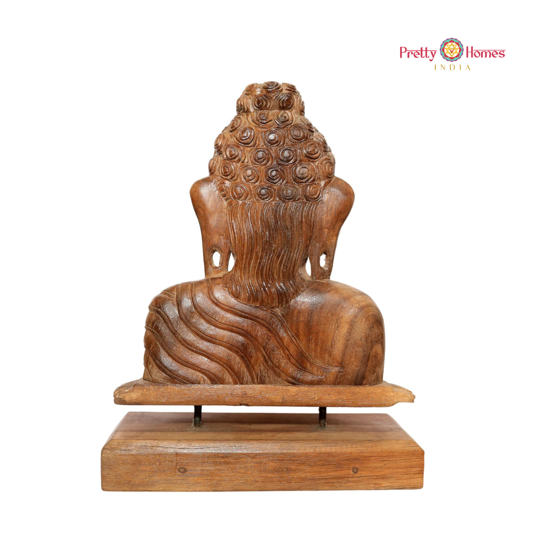 Wood-Carved Buddha Bust with Stand