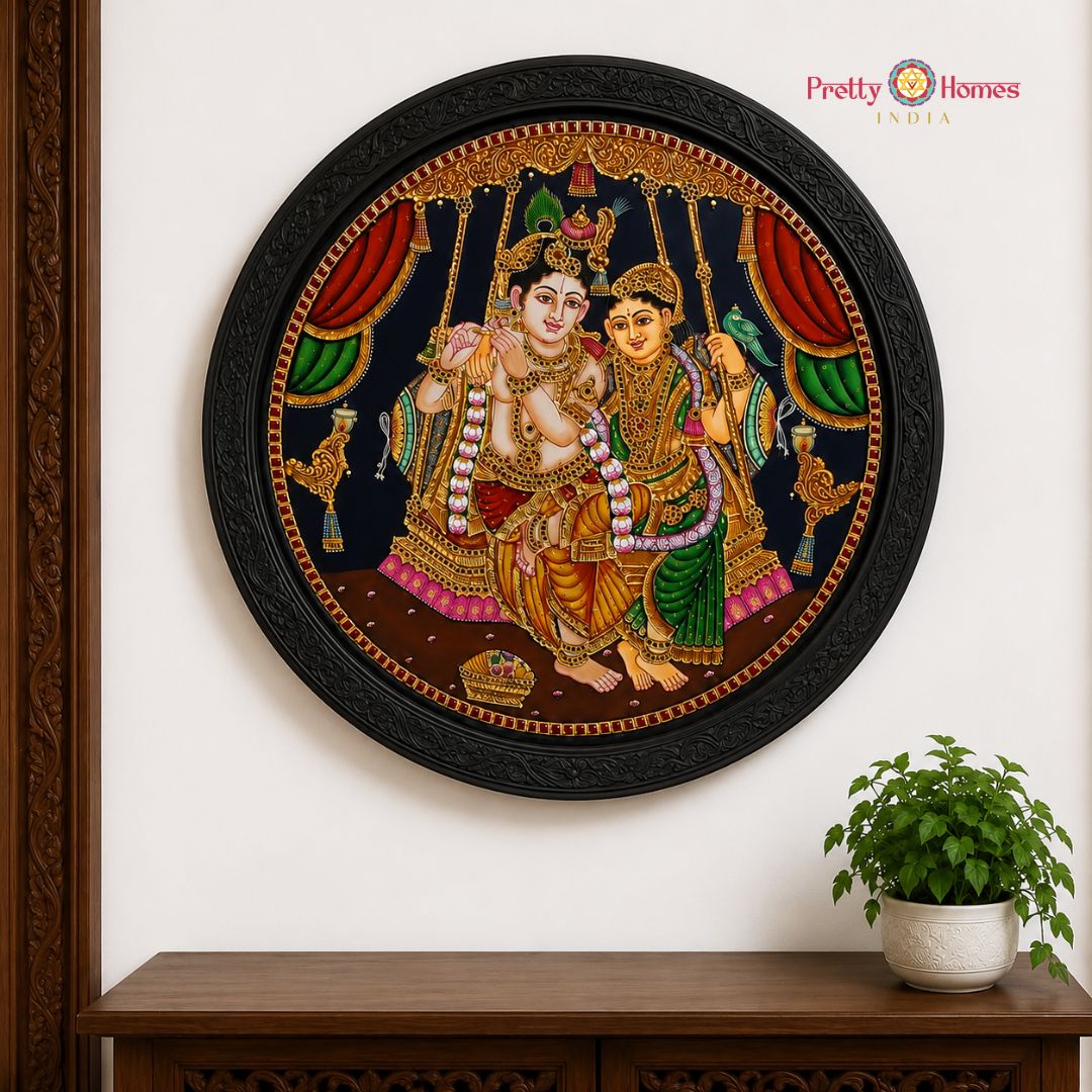 Handpainted Round Radha Krishna on Swing Tanjore Painting in Real Gold Foil