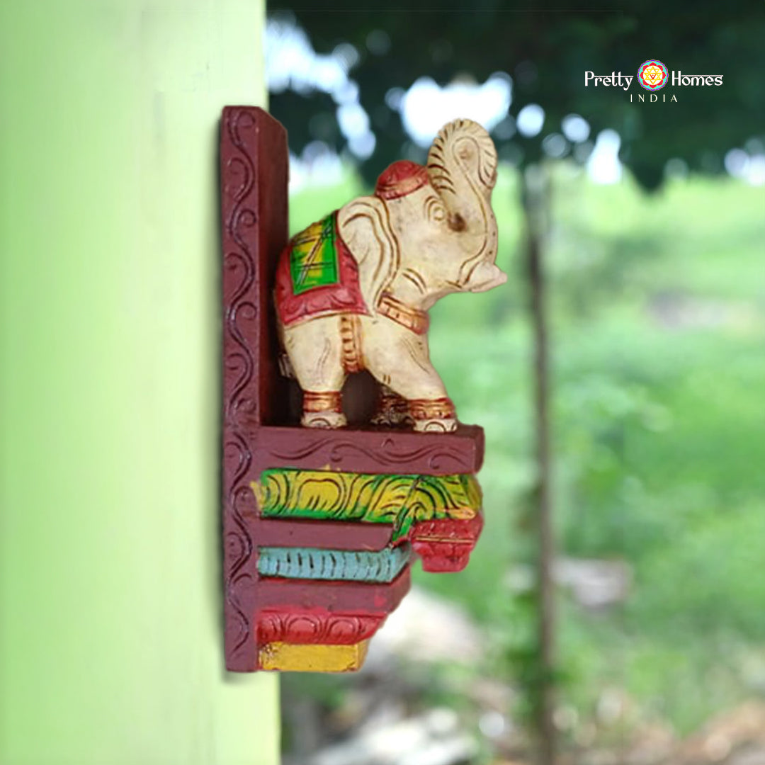 12 inch trunk-up elephant wooden wall bracket (single) multicolour