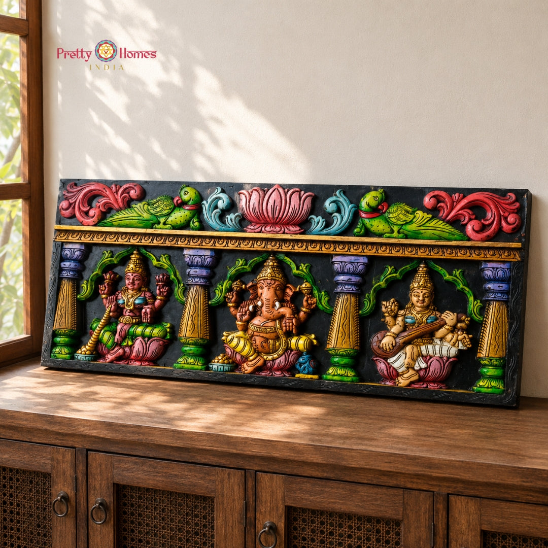 Ganesha Lakshmi Saraswati Wooden Wall Panel with Lotus Motifs