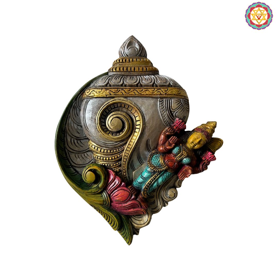 close up laxmi conch shankh frame showing lotus details and carving